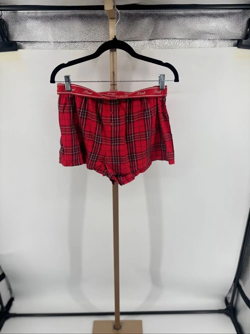 PINK Victoria’s Secret Pajama Shorts Red Plaid Womens M NWT Metallic Logo Script
